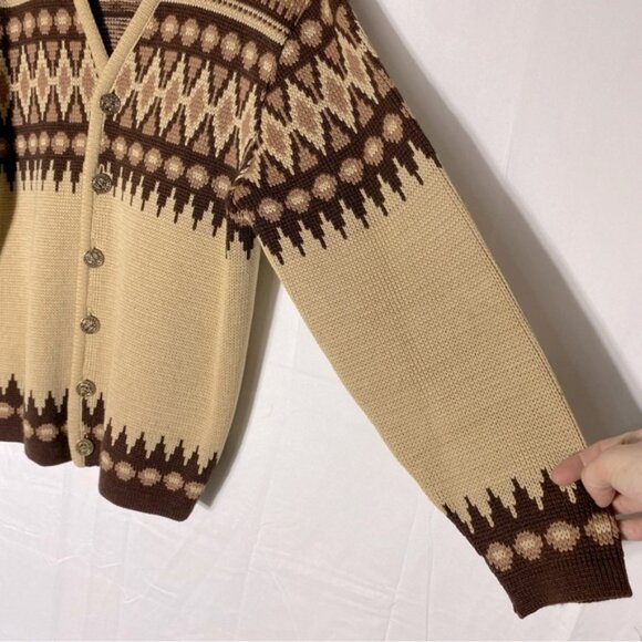Vintage White Ram Tan Brown Fair Isle Virgin Wool Knit Button Up Cardigan M - Picture 14 of 16